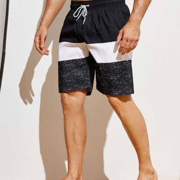Black Vacation Style Men's Color Block Swim Trunks - Picture 3 of 5